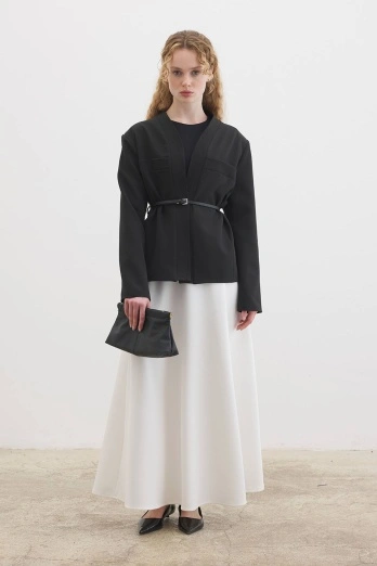 Hooopstore - Deri Kemer Detaylı Siyah Ceket