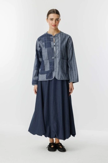 Hooopstore - Desenli Denim Dokulu Lacivert Ceket (1)