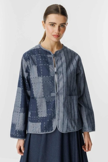 Hooopstore - Desenli Denim Dokulu Lacivert Ceket