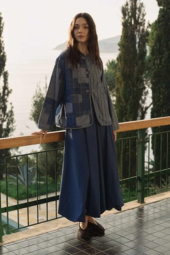 Hooopstore - Desenli Denim Dokulu Mavi Ceket