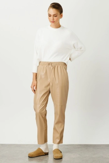 Hooopstore - Dikiş Detaylı Deri Pantolon - Bej (1)