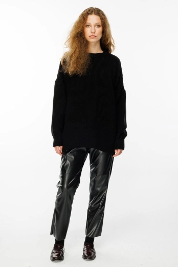 Hooopstore - Dikiş Detaylı Deri Pantolon - Siyah (1)