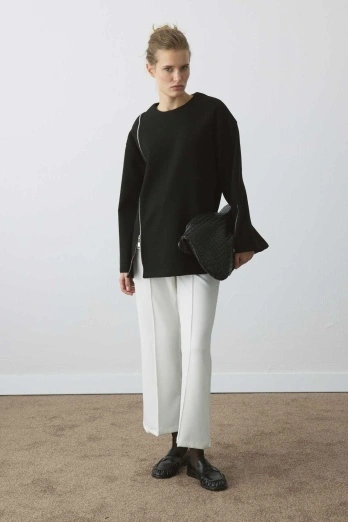 Hooopstore - Fermuar Detaylı Kaşe Siyah Sweatshirt (1)