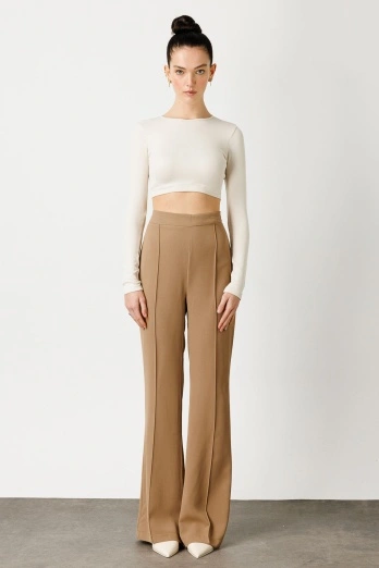 Hooopstore - Flare Kesim Kumaş Camel Pantolon