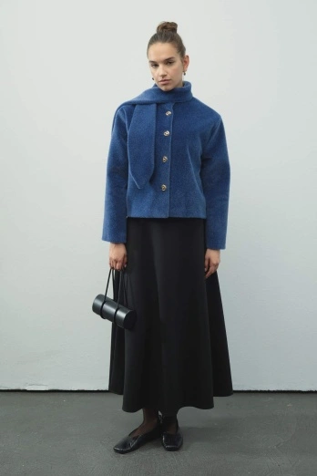 Hooopstore - Fular Bağlama Detaylı Kısa İndigo Ceket (1)