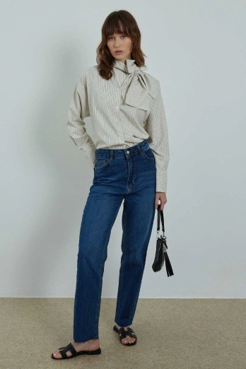 Hooopstore - Fular Yaka Bej Gömlek