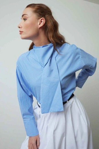 Hooopstore - Fular Yaka Koyu Mavi Gömlek