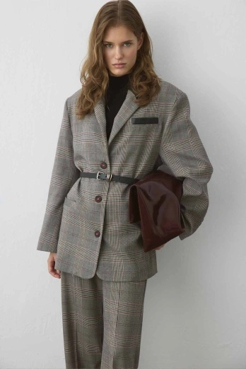 Hooopstore - Garni Detaylı Ekose Poliviscon Blazer Bordo Ceket