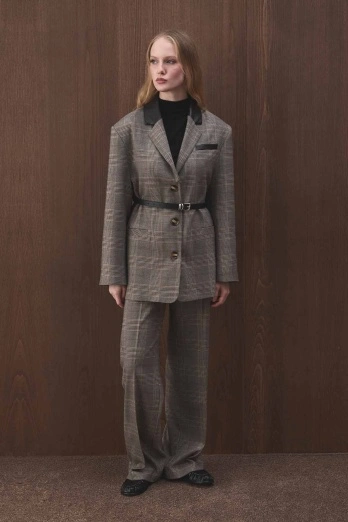 Hooopstore - Garni Detaylı Ekose Poliviscon Blazer Kahve Ceket