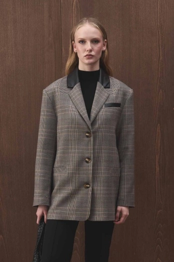 Hooopstore - Garni Detaylı Ekose Poliviscon Blazer Kahve Ceket (1)