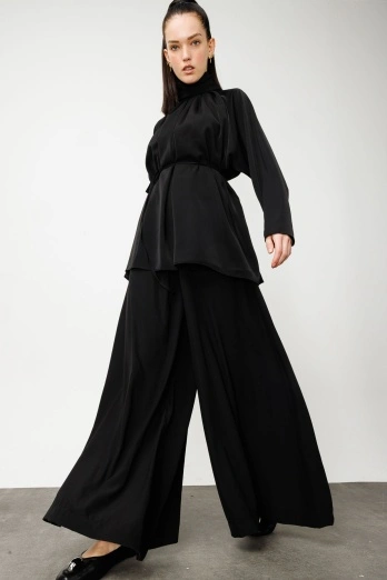 Hooopstore - Geniş Paça Kumaş Siyah Pantolon (1)