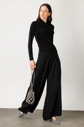 Hooopstore - Geniş Paça Kumaş Siyah Pantolon