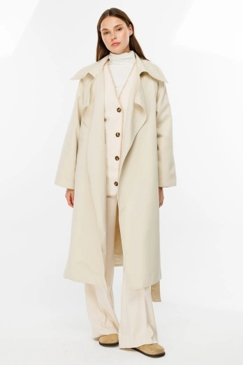 Hooopstore - Geniş Yaka Bej Trençkot (1)