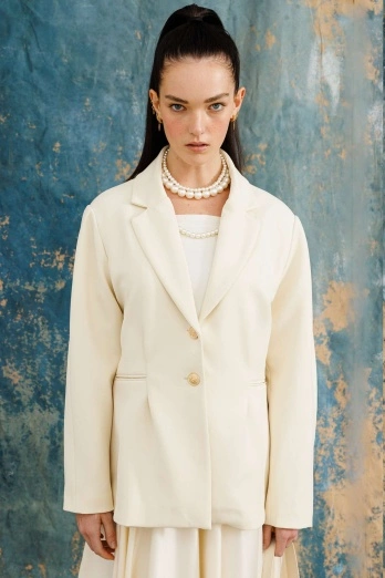 Hooopstore - Gold Düğmeli Blazer Krem Ceket (1)