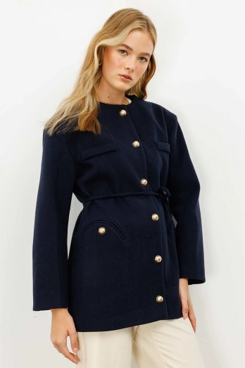 Hooopstore - Gold Metal Düğmeli Kaşe Lacivert Blazer Ceket (1)