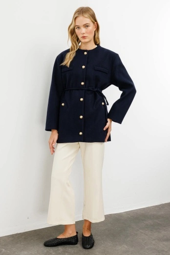 Hooopstore - Gold Metal Düğmeli Kaşe Lacivert Blazer Ceket