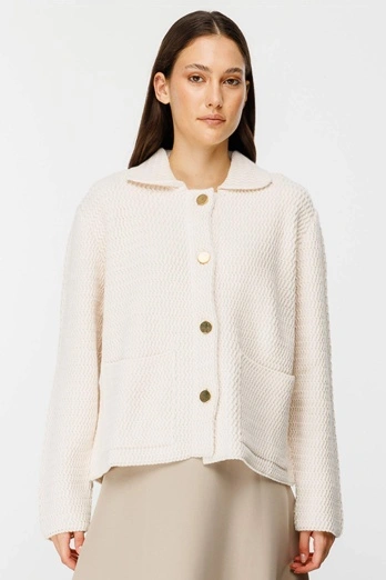 Hooopstore - Gömlek Yaka Düğmeli Krem Hırka (1)