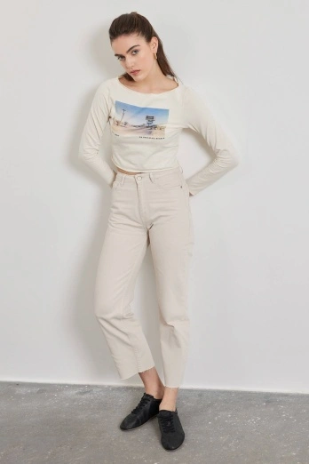 Hooopstore - H1975'S Premium Yüksel Bel Bej Jean