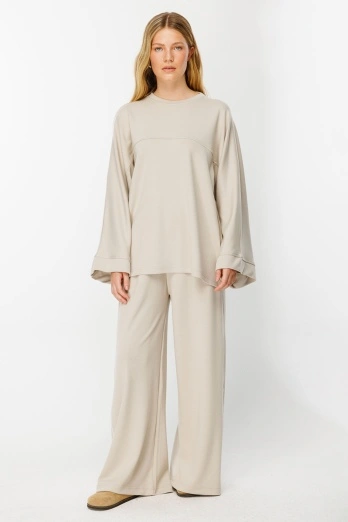 Hooopstore - İspanyol Kol Pamuklu Bej Sweatshirt