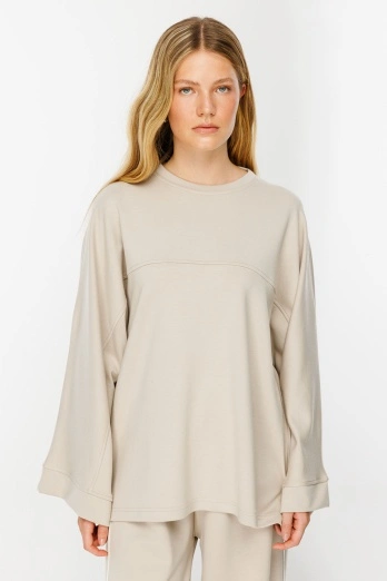 Hooopstore - İspanyol Kol Pamuklu Bej Sweatshirt (1)