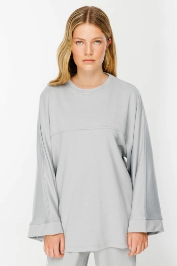 Hooopstore - İspanyol Kol Pamuklu Gri Sweatshirt (1)