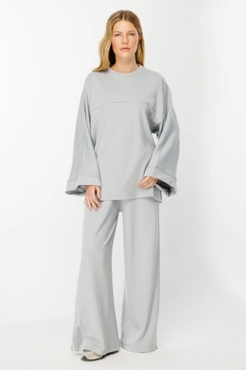 Hooopstore - İspanyol Kol Pamuklu Gri Sweatshirt