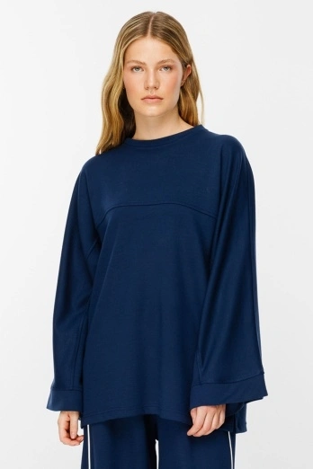 Hooopstore - İspanyol Kol Pamuklu Lacivert Sweatshirt (1)