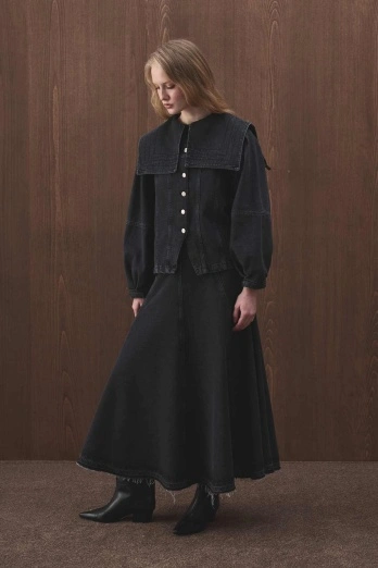 Hooopstore - Kesik Parçalı Denim Antrasit Etek