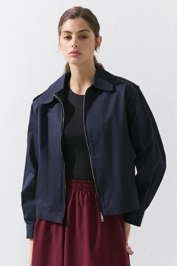 Hooopstore - Kısa Gabardin Lacivert Ceket (1)