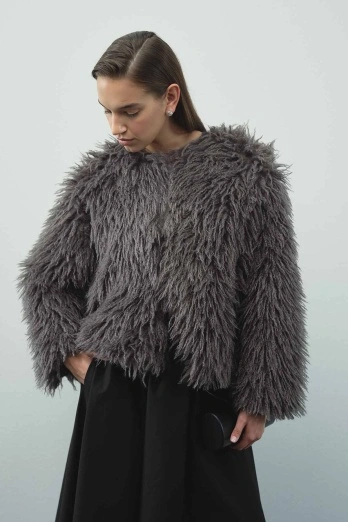 Hooopstore - Kısa Suni Kürk Antrasit Ceket