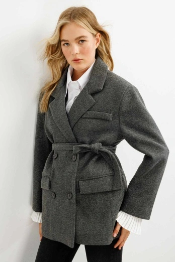 Hooopstore - Kruvaze Kapamalı Kaşe Antrasit Blazer Ceket