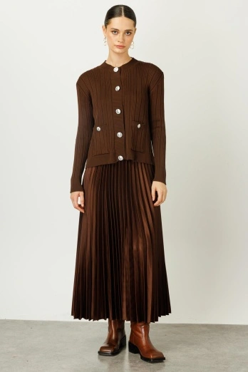 Hooopstore - Lady Düğmeli Triko Hırka - Kahve