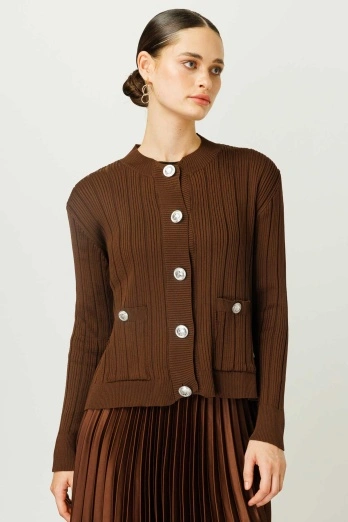 Hooopstore - Lady Düğmeli Triko Hırka - Kahve (1)