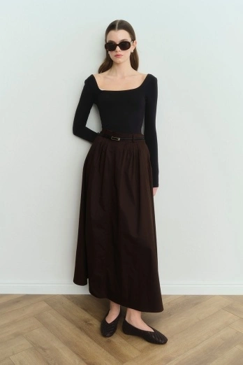 Hooopstore - Lidia Pile Detaylı Kahve Etek