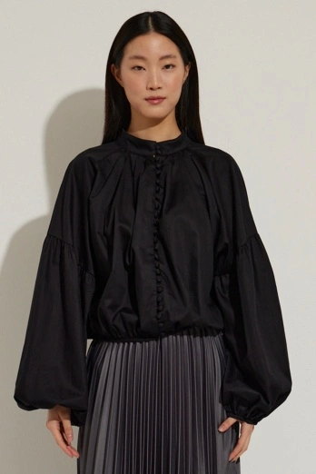 Hooopstore - Önden Düğmeli Siyah Crop Poplin Gömlek