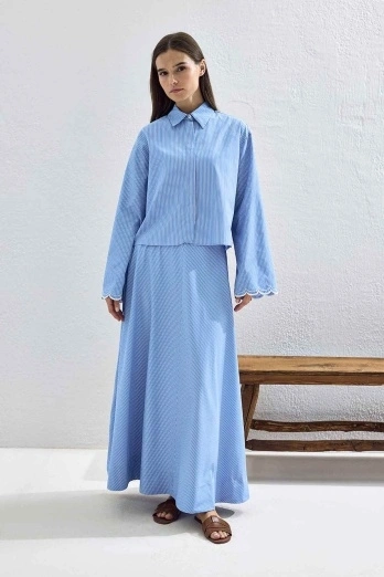 Hooopstore - Luna Nakış Detaylı Çizgili Mavi Etekli Takım