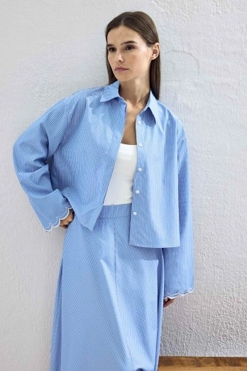 Hooopstore - Luna Nakış Detaylı Çizgili Mavi Etekli Takım (1)