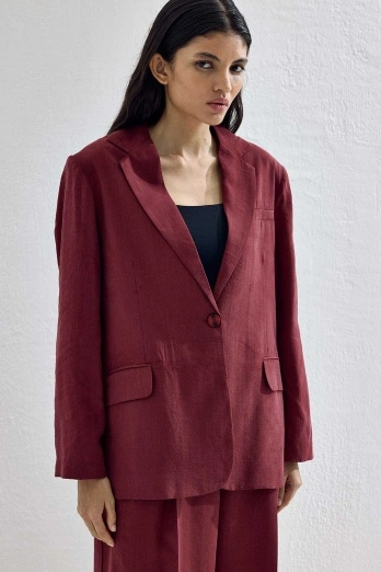 Hooopstore - Lyocell Cupra Blazer Bordo Ceket