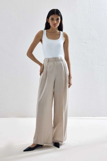 Hooopstore - Lyocell Cupra Kumaş Pileli Palazzo Bej Pantolon