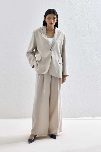 Hooopstore - Lyocell Cupra Kumaş Pileli Palazzo Bej Pantolon (1)