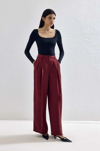 Hooopstore - Lyocell Cupra Kumaş Pileli Palazzo Bordo Pantolon