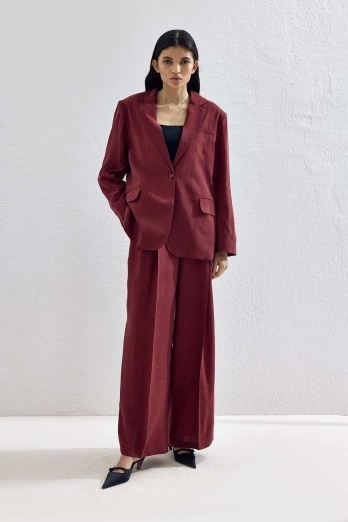 Hooopstore - Lyocell Cupra Kumaş Pileli Palazzo Bordo Pantolon (1)