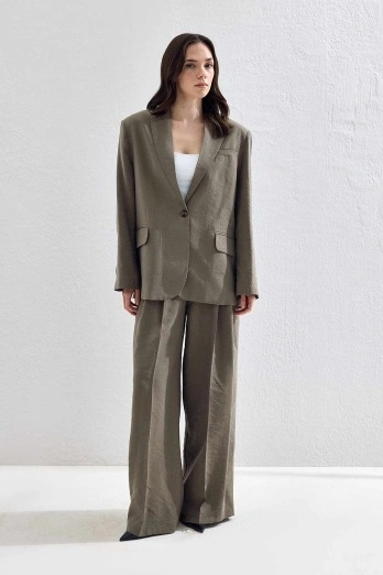 Hooopstore - Lyocell Cupra Kumaş Pileli Palazzo Koyu Haki Pantolon (1)