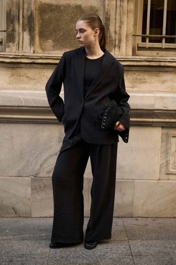 Hooopstore - Lyocell Cupra Kumaş Pileli Palazzo Siyah Pantolon (1)