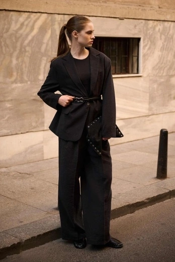 Hooopstore - Lyocell Cupra Kumaş Pileli Palazzo Siyah Pantolon