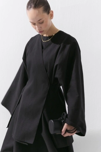 Hooopstore - Lyocell Keten Bağcık Detaylı Siyah Kimono (1)