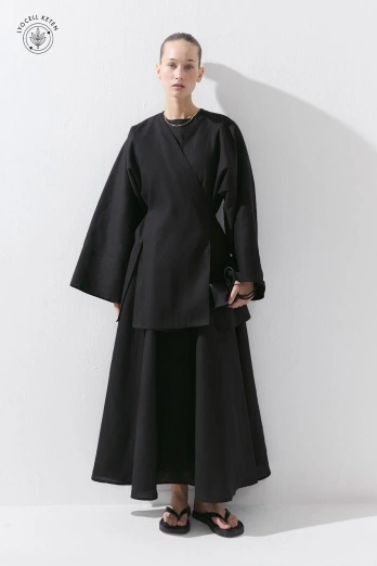 Hooopstore - Lyocell Keten Bağcık Detaylı Siyah Kimono