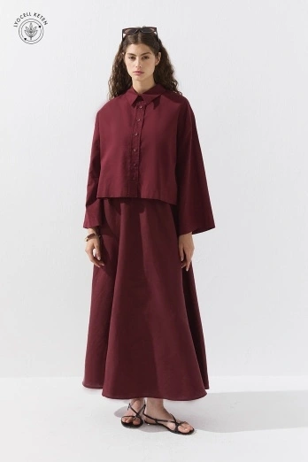 Hooopstore - Lyocell Keten Basic Kısa Bordo Gömlek (1)