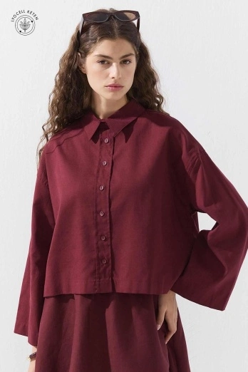 Hooopstore - Lyocell Keten Basic Kısa Bordo Gömlek