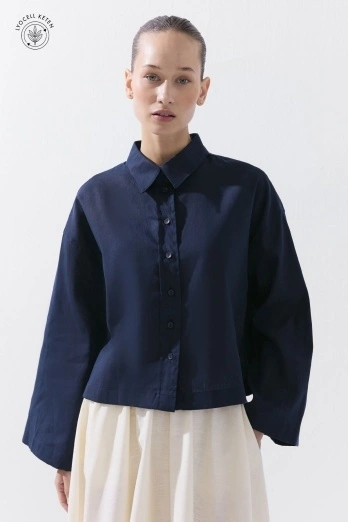 Hooopstore - Lyocell Keten Basic Kısa Lacivert Gömlek